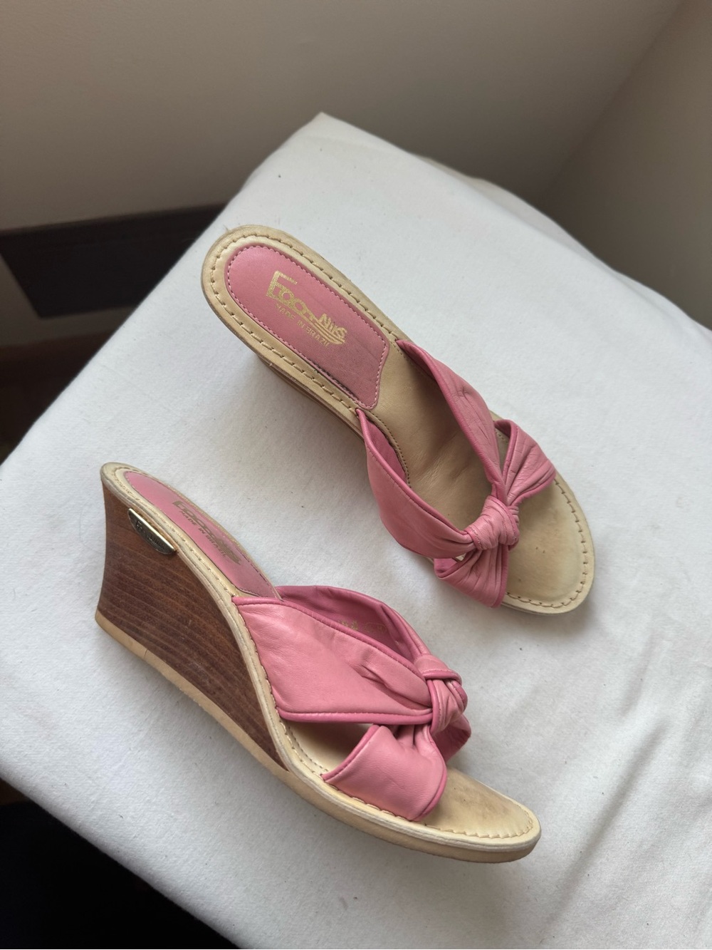 Vintage Foot King Pink Leather Knot Wedge Sandals Size 7